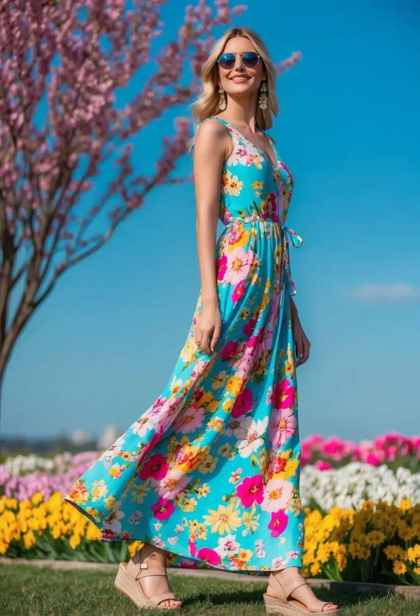 A colorful floral maxi dress paired with strappy sandals, set against a backdrop of blooming spring flowers and a bright blue sky