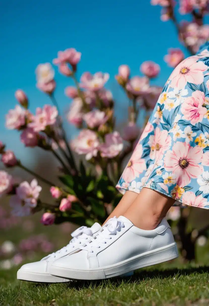 A pair of white sneakers paired with a floral dress, set against a backdrop of blooming spring flowers and a clear blue sky