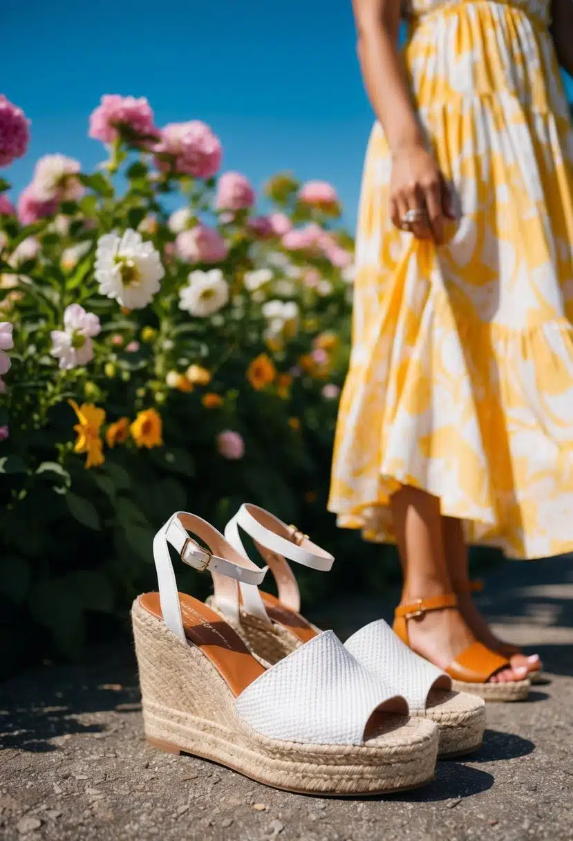 A pair of espadrille wedges next to a flowing sundress, surrounded by blooming flowers and a bright sunny sky