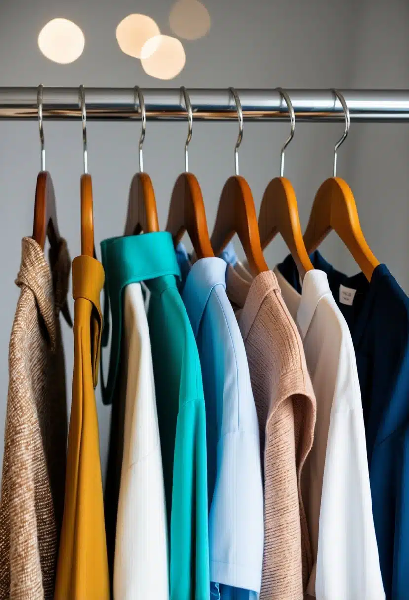 Five neatly folded outfits on hangers, each representing a different style and color scheme