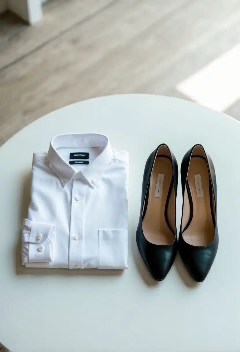 A neatly folded white button-down shirt and a pair of black pumps laid out on a clean, uncluttered surface