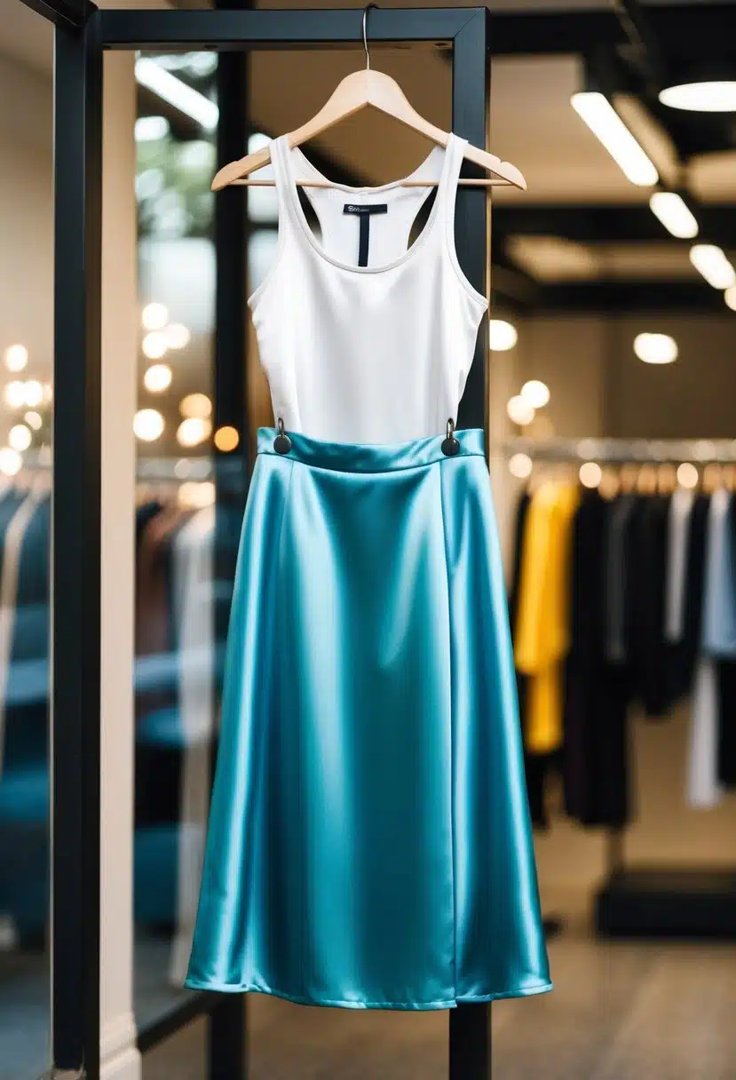A satin midi skirt paired with a simple white tank top on a hanger