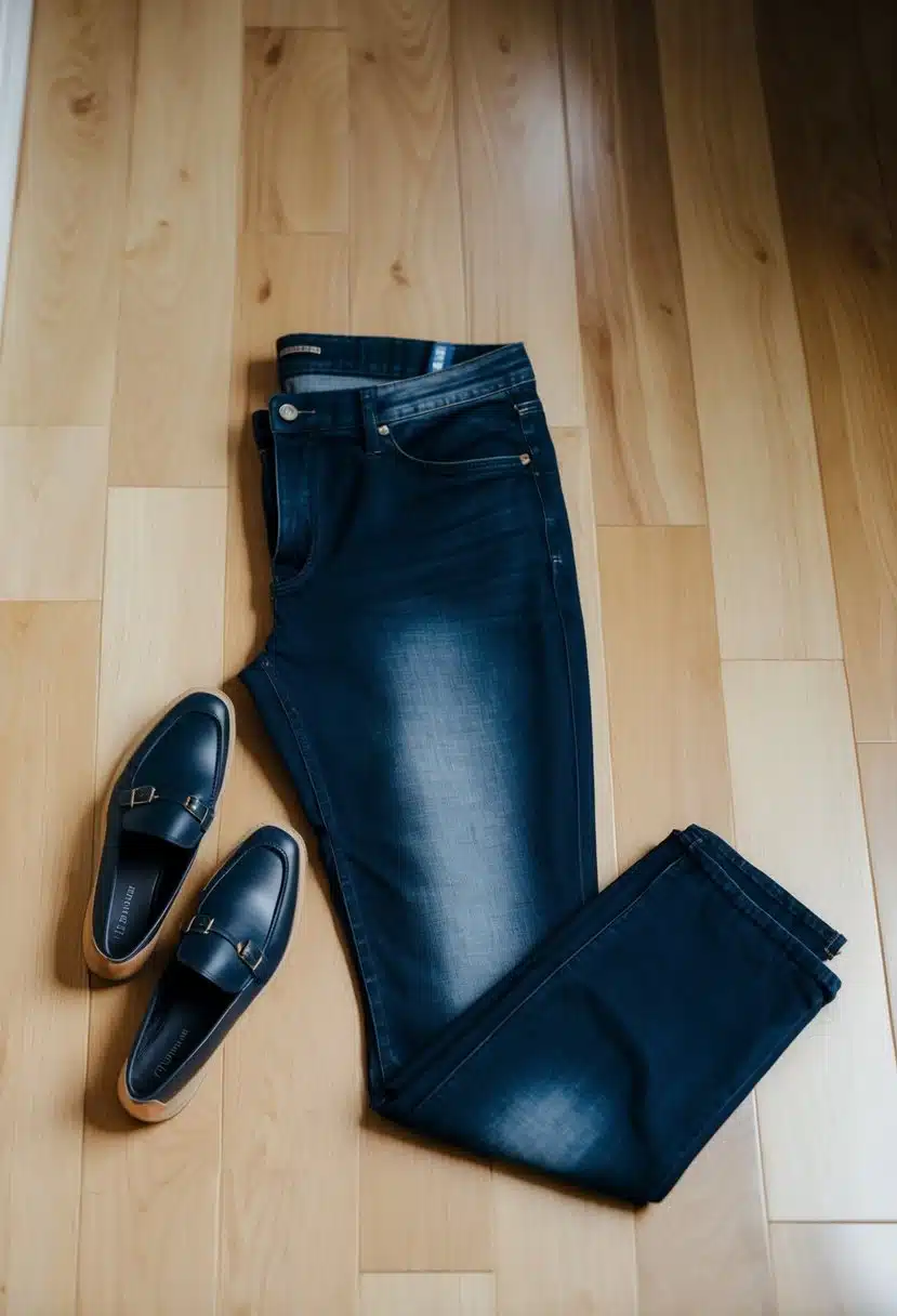 A pair of dark wash jeans and slip-on loafers laid out neatly on a clean wooden floor