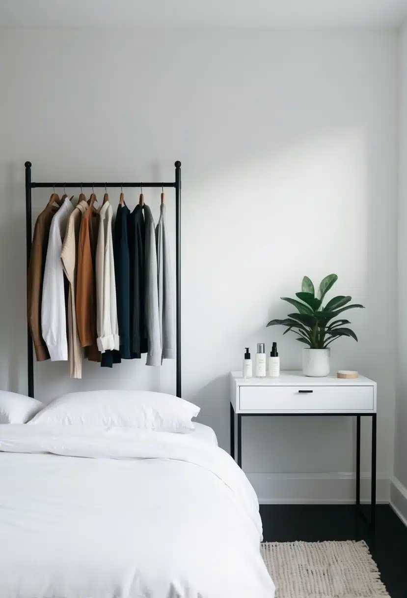 A minimalist bedroom with a neatly made bed, a rack of neatly organized clothing, a simple vanity with skincare products, and a potted plant