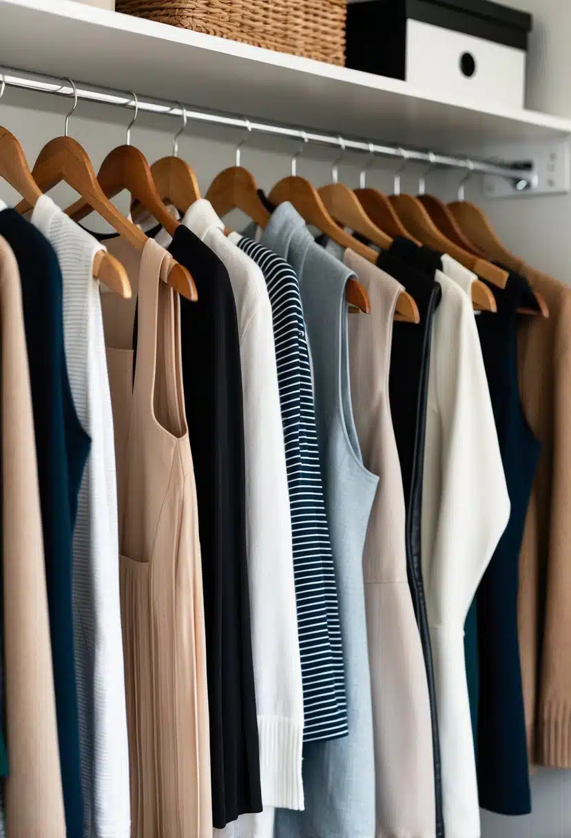 A neatly organized closet with hangers of coordinated outfits in neutral colors and clean lines