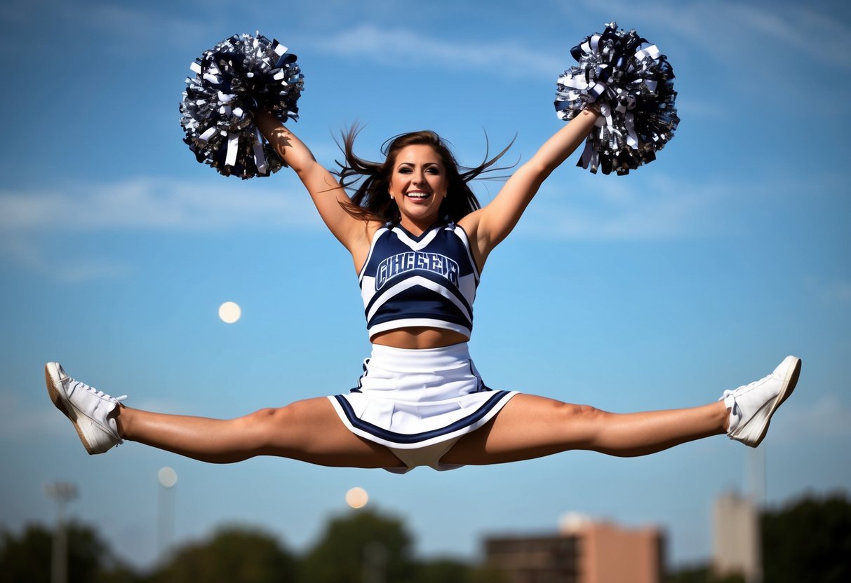 A cheerleader mid-jump, legs extended, arms raised in a triumphant V-shape, with a wide, beaming smile