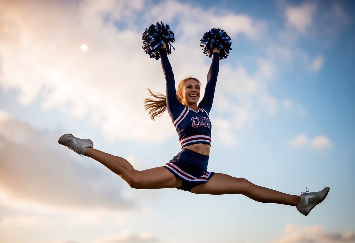 A cheerleader mid-air, legs extended, arms raised, with a perfect jump captured at the precise moment