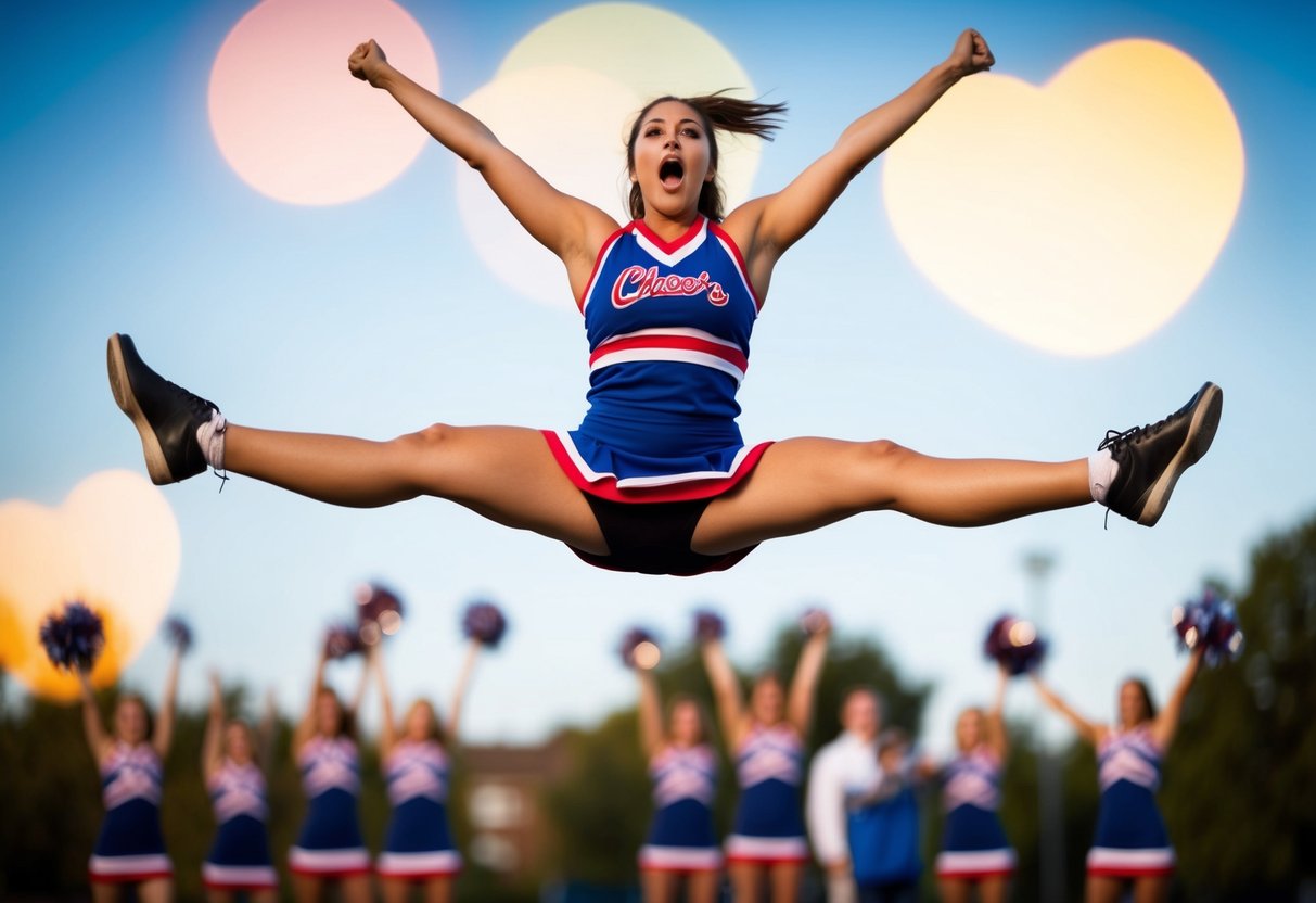 A cheerleader mid-air, legs extended, arms raised, mouth open in surprise