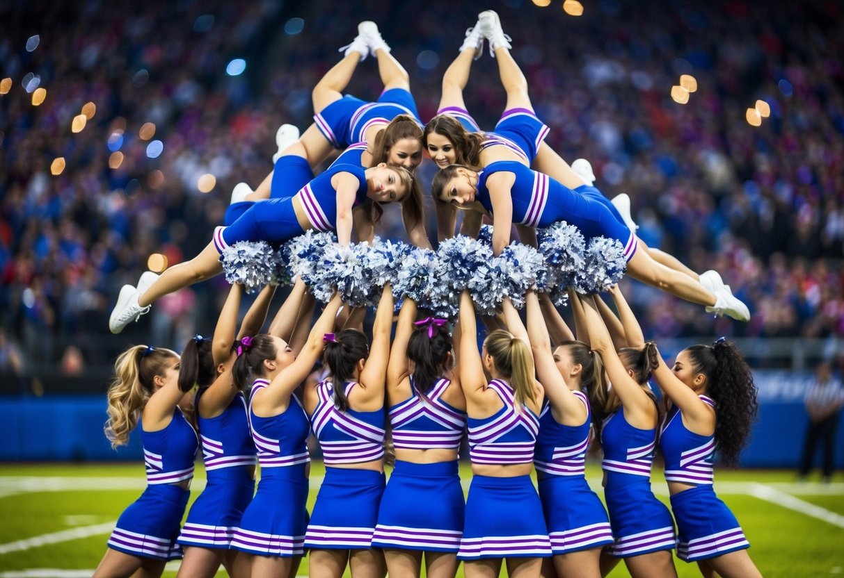 A group of cheerleaders in a flawless pyramid formation, frozen in a dynamic and captivating moment