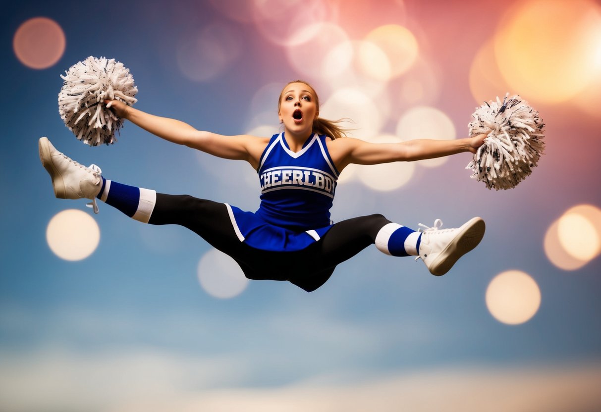 Cheerleader mid-air, legs extended, arms outstretched, with a surprised expression