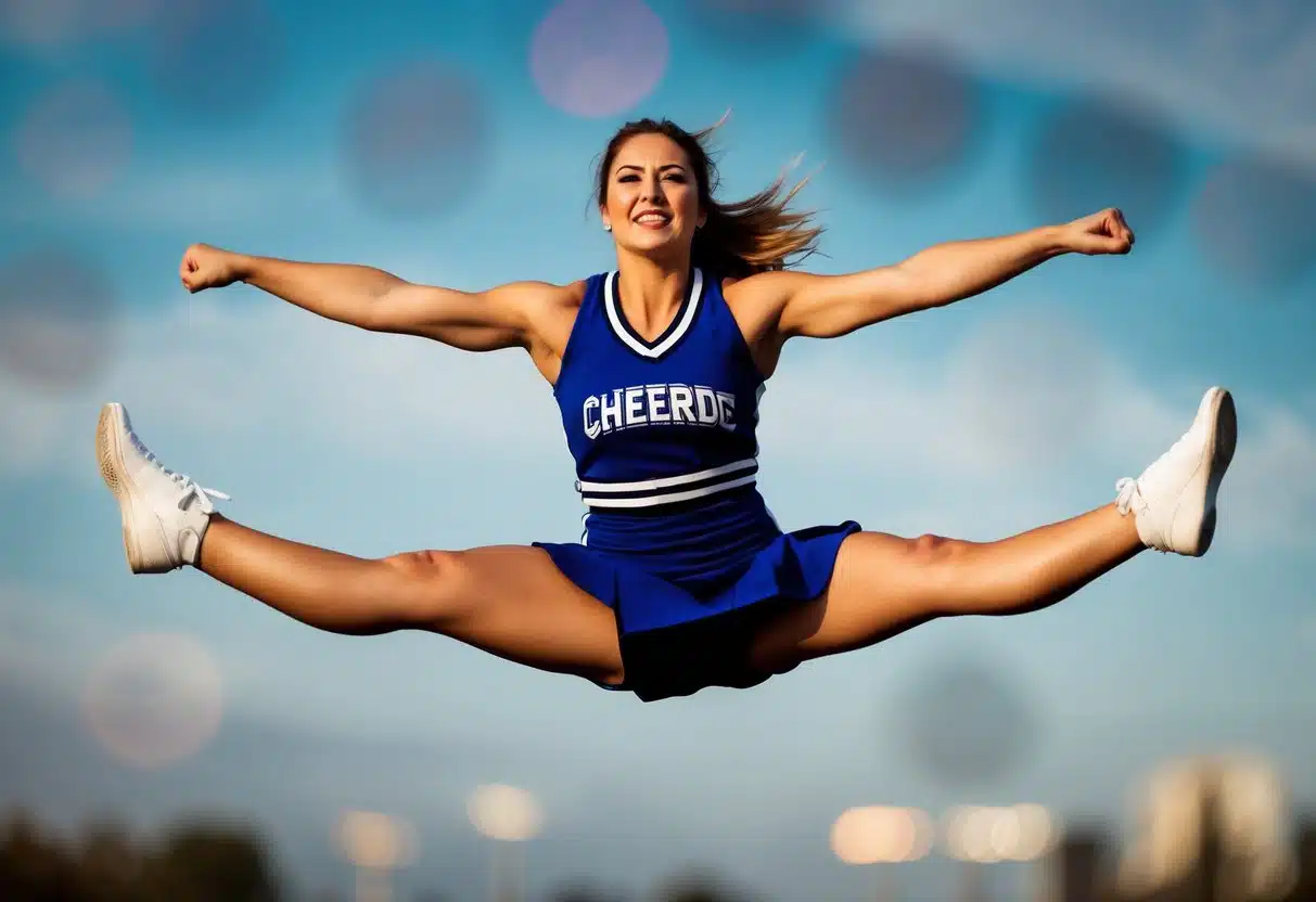 A cheerleader mid-air, legs extended, arms outstretched, with a look of determination and grace