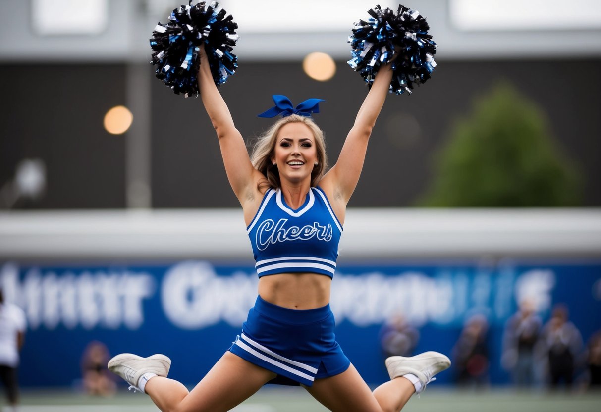 A cheerleader executes a flawless mid-jump split, perfectly aligned and captured at the right moment