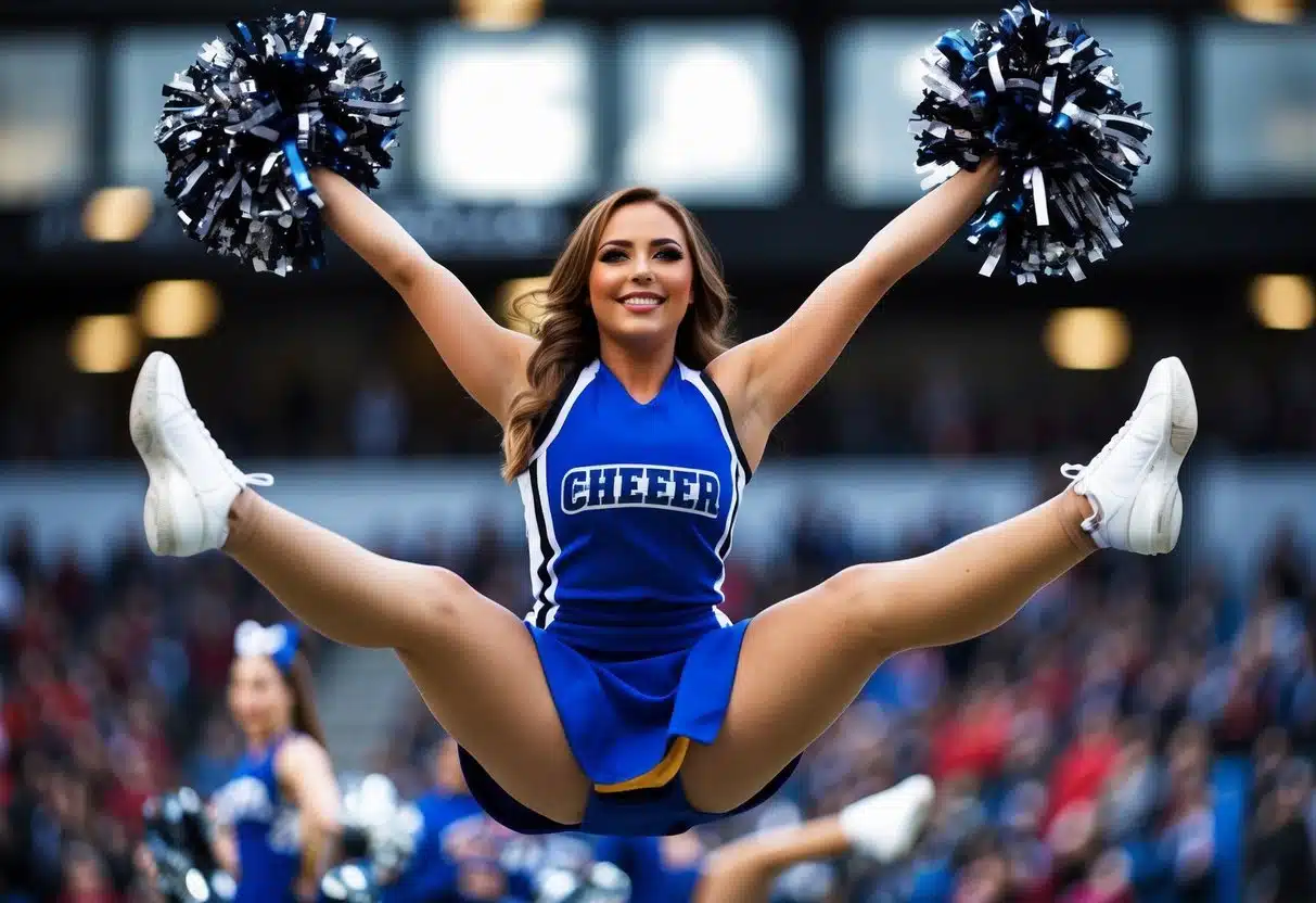 A cheerleader mid-air, legs extended, arms raised, with a bright smile and focused gaze