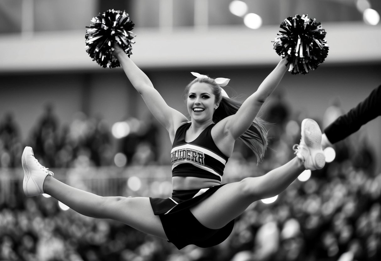 A cheerleader mid-air, legs extended, arms raised, and a big smile, perfectly capturing the right moment during a routine