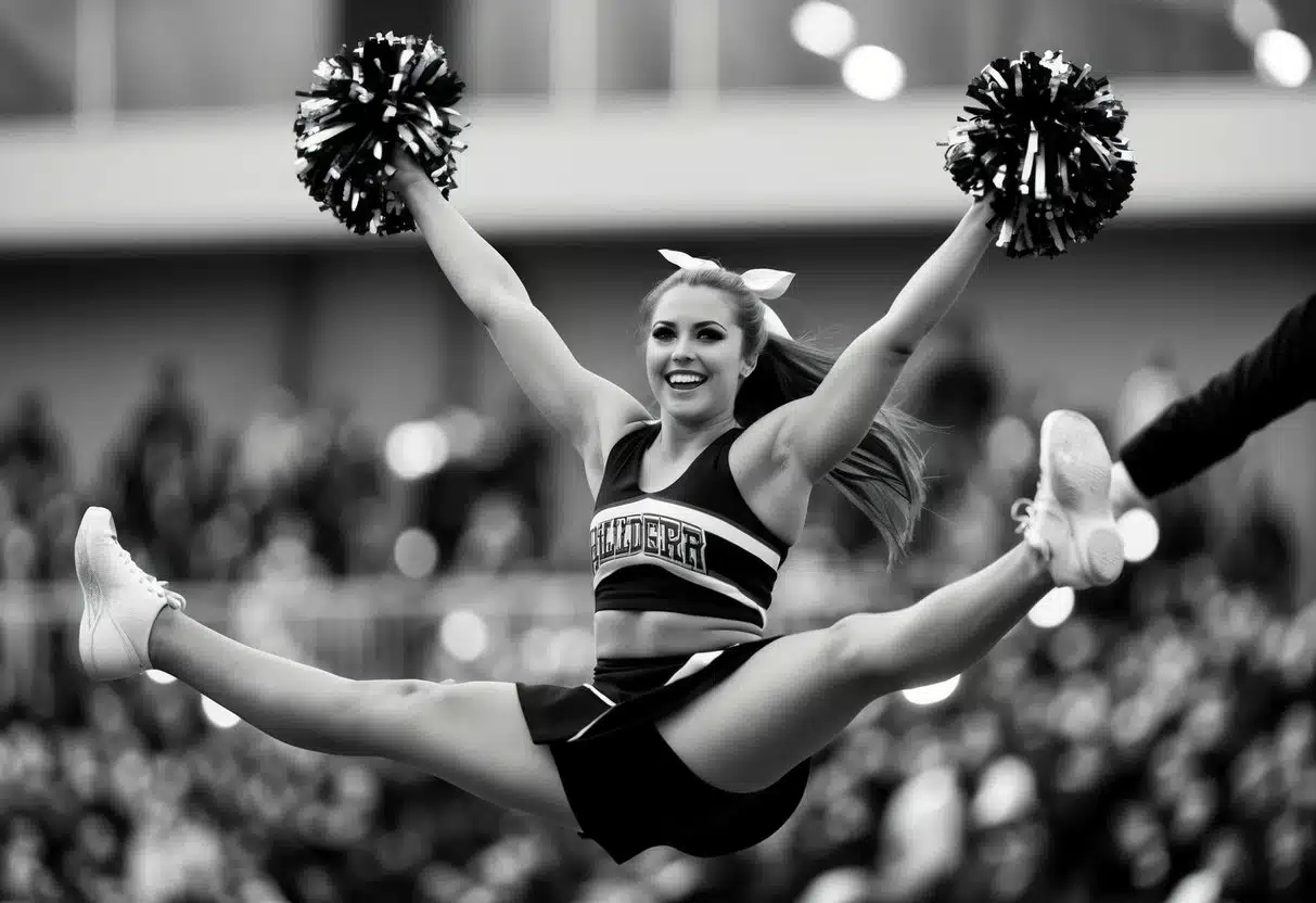 A cheerleader mid-air, legs extended, arms raised, and a big smile, perfectly capturing the right moment during a routine