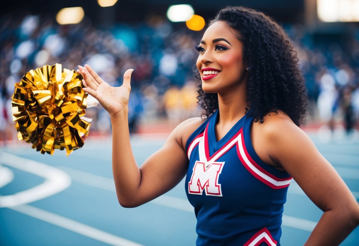 A cheerleader confidently answering questions with a bright smile
