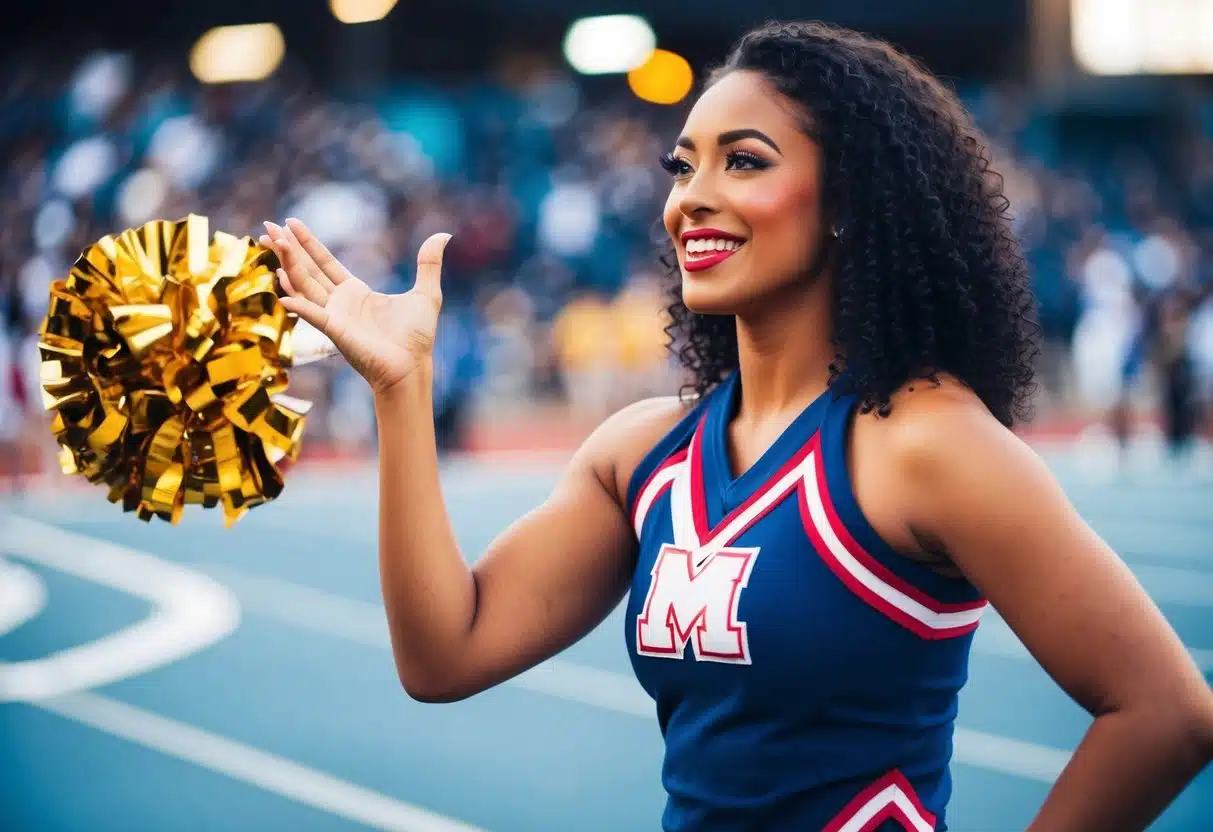 A cheerleader confidently answering questions with a bright smile