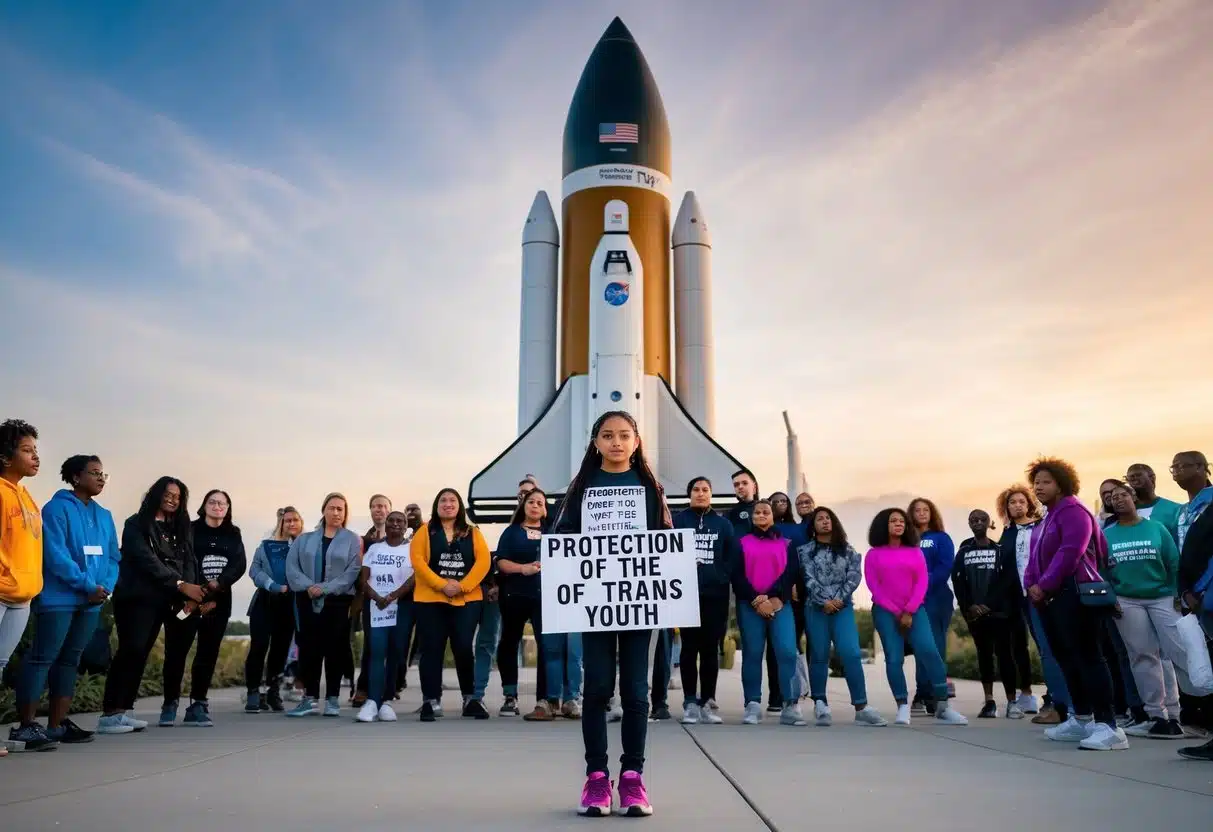 A young girl stands in front of a massive rocket, surrounded by a diverse group of people. She holds a sign advocating for the protection of trans youth