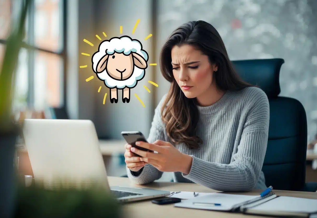 A young woman sits at a desk, scrolling through her phone. A sheep GIF flashes across the screen, causing her to cringe and look away