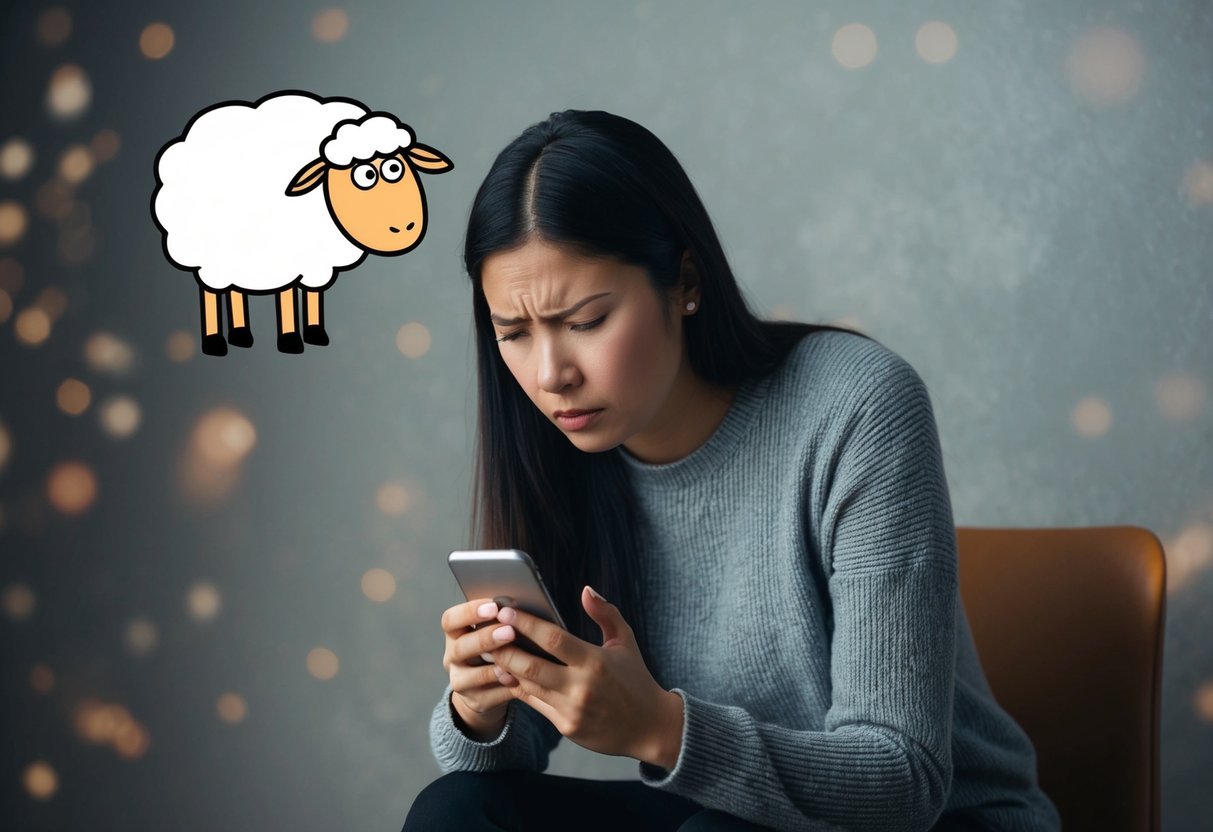 A young woman sits alone, staring at her phone with a look of disappointment. A sheep GIF plays on the screen, causing her to cringe