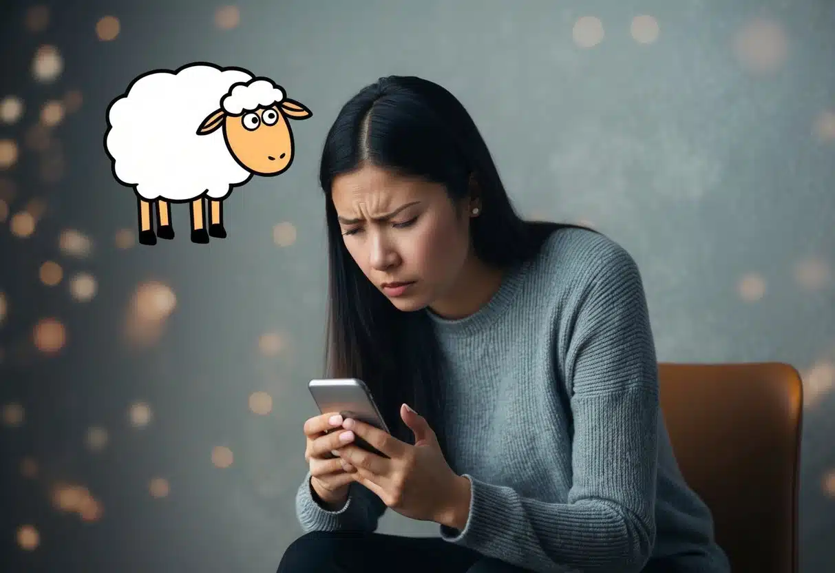 A young woman sits alone, staring at her phone with a look of disappointment. A sheep GIF plays on the screen, causing her to cringe