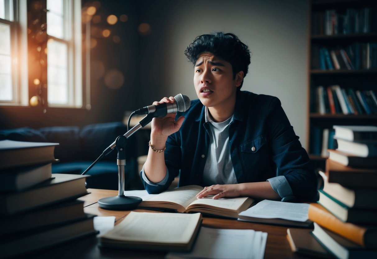 A young person sits alone in a dimly lit room, surrounded by books and papers. Their expression is a mix of sadness and determination as they speak into a microphone, sharing their story with the world