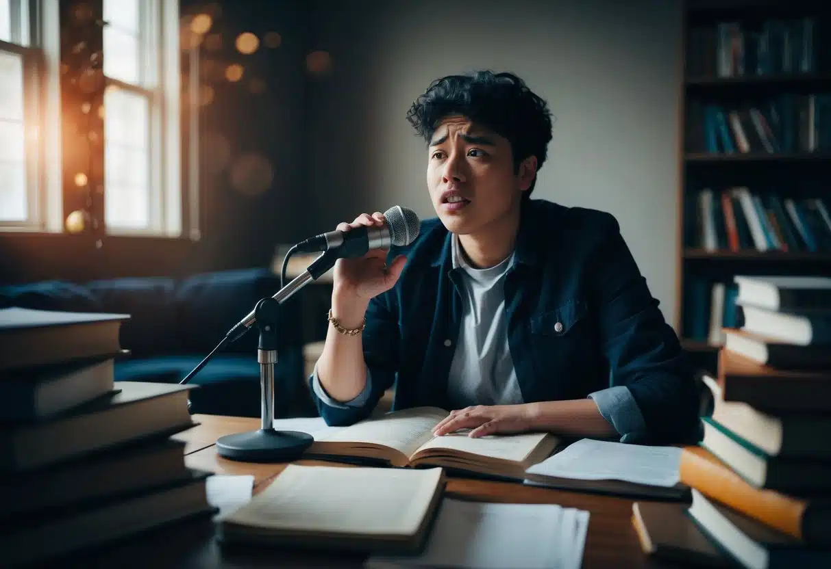 A young person sits alone in a dimly lit room, surrounded by books and papers. Their expression is a mix of sadness and determination as they speak into a microphone, sharing their story with the world