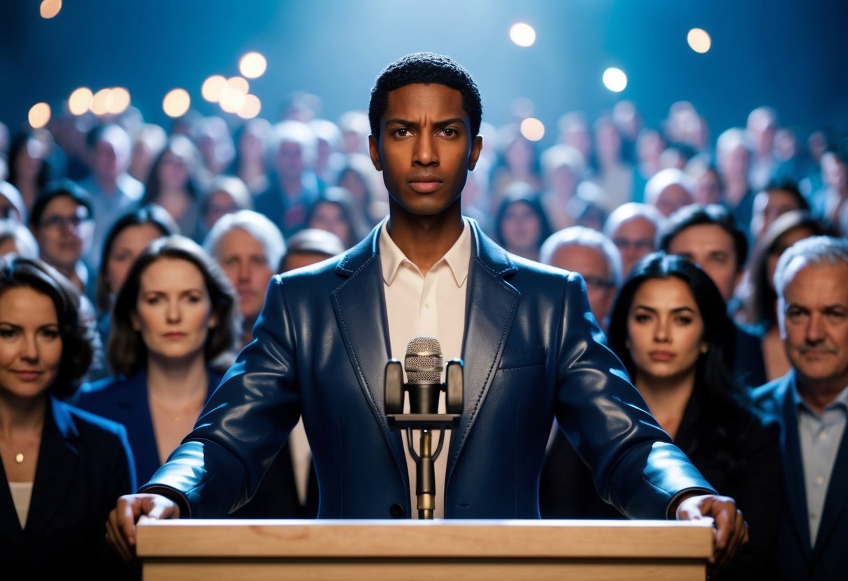 A figure standing in front of a microphone, surrounded by a crowd of people, with a determined expression on their face