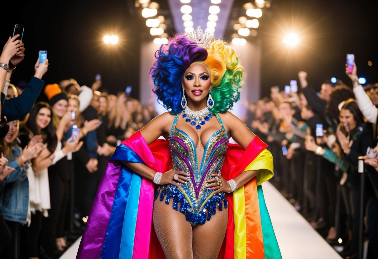 A colorful drag queen confidently struts down a runway, surrounded by cheering fans and bright lights