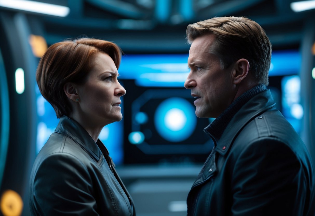 A tense, emotional conversation between two figures, one with a stern expression and the other with a pained look, set against a backdrop of futuristic technology and industrial elements