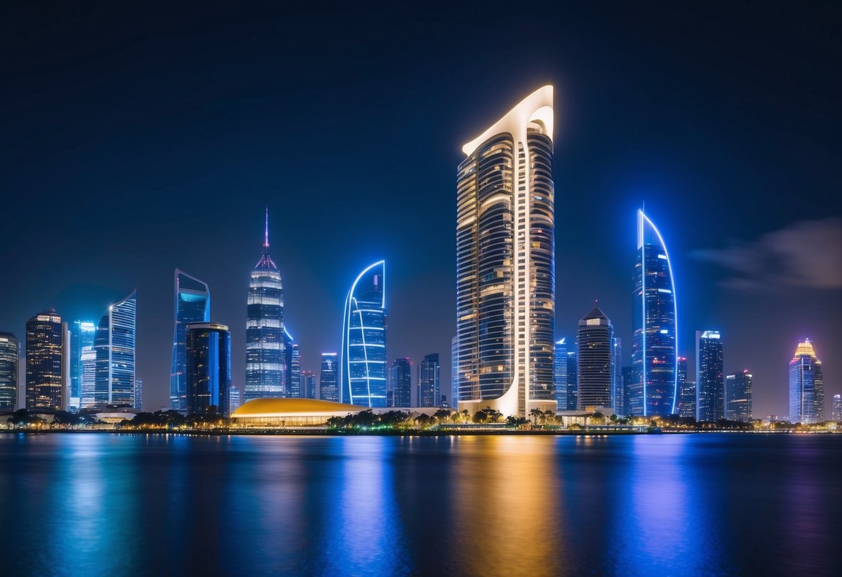 A futuristic city skyline at night, with neon lights reflecting off the water. A sleek, high-tech apartment building stands out among the other structures