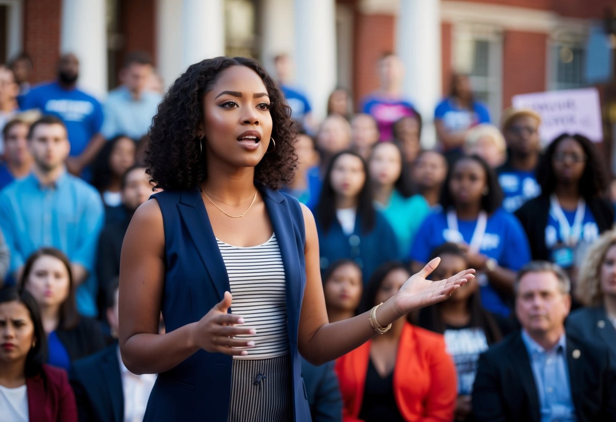 A young woman standing confidently in front of a crowd, speaking passionately about protecting trans youth and taking on a powerful figure