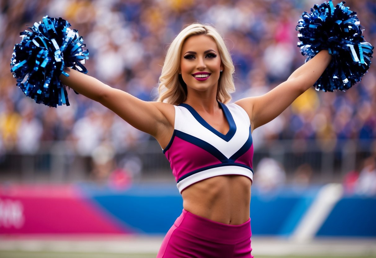 A cheerleader in a vibrant, eye-catching uniform, striking a confident pose with pom-poms in hand