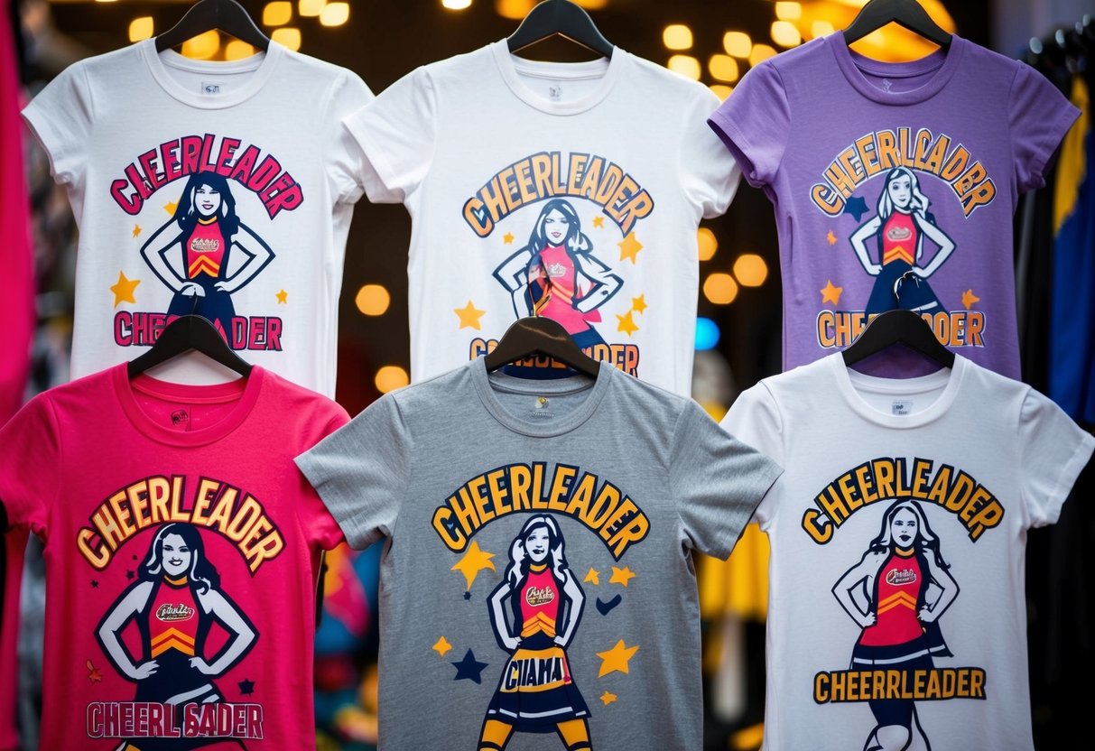 A group of graphic tees with cheerleader motifs arranged in a playful and vibrant display