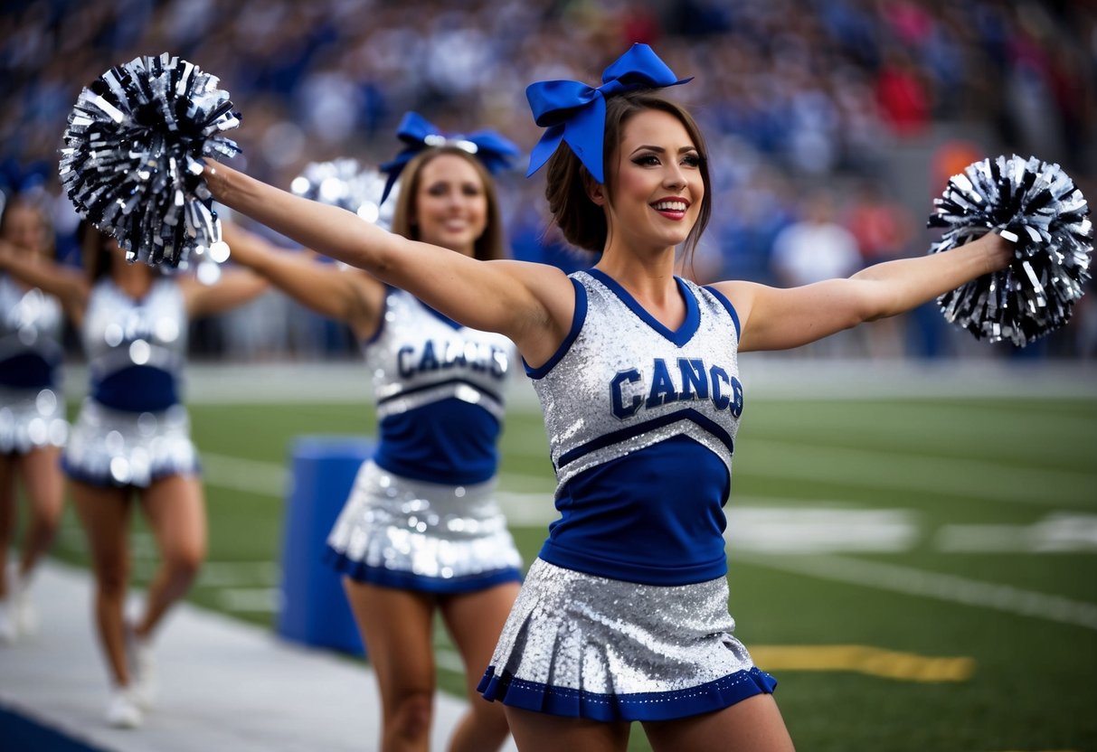 A cheerleader in a sparkly pom-pom dress leading a spirited routine on the sidelines