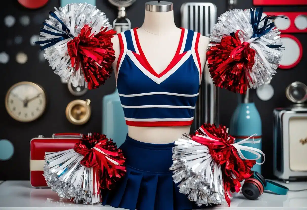 A vintage cheerleader outfit with modern accessories, set against a backdrop of retro and contemporary elements