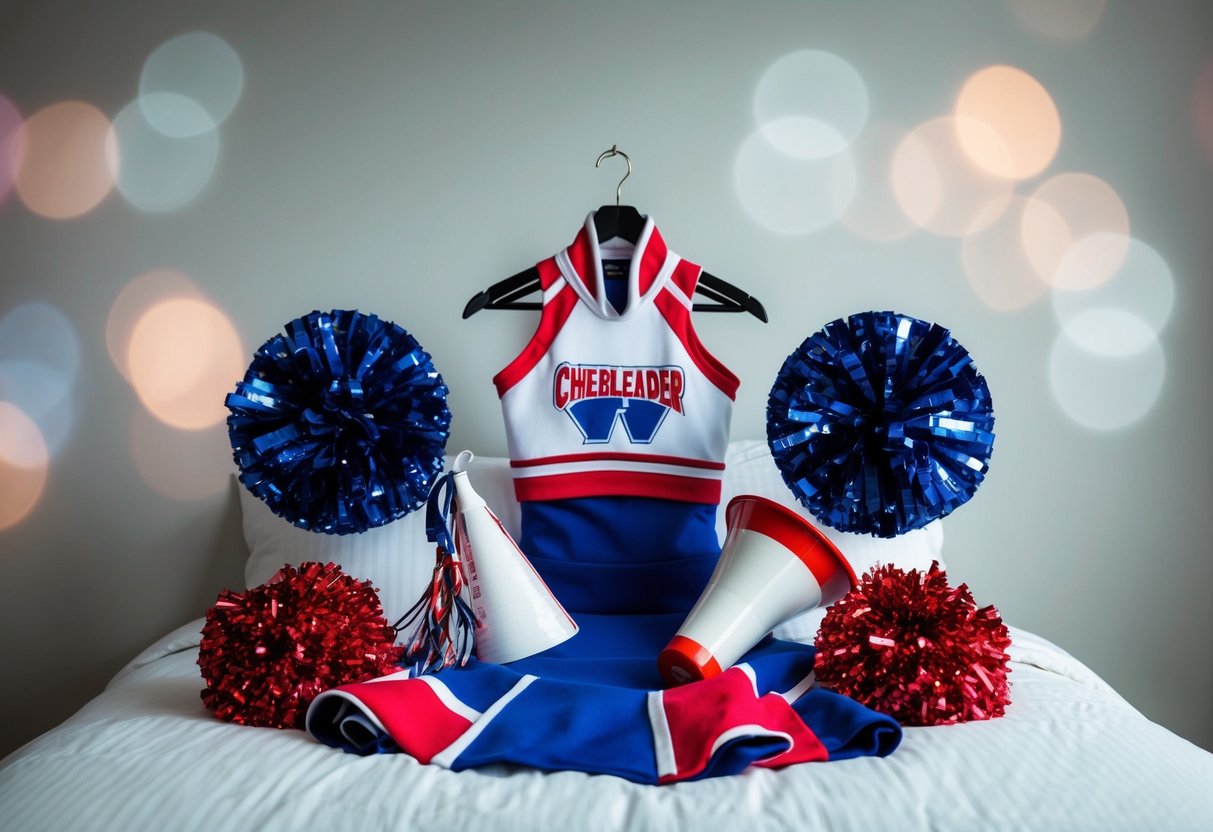 A cheerleader's uniform, pom-poms, and megaphone arranged neatly on a bed, ready to be accessorized for a dress to impress theme