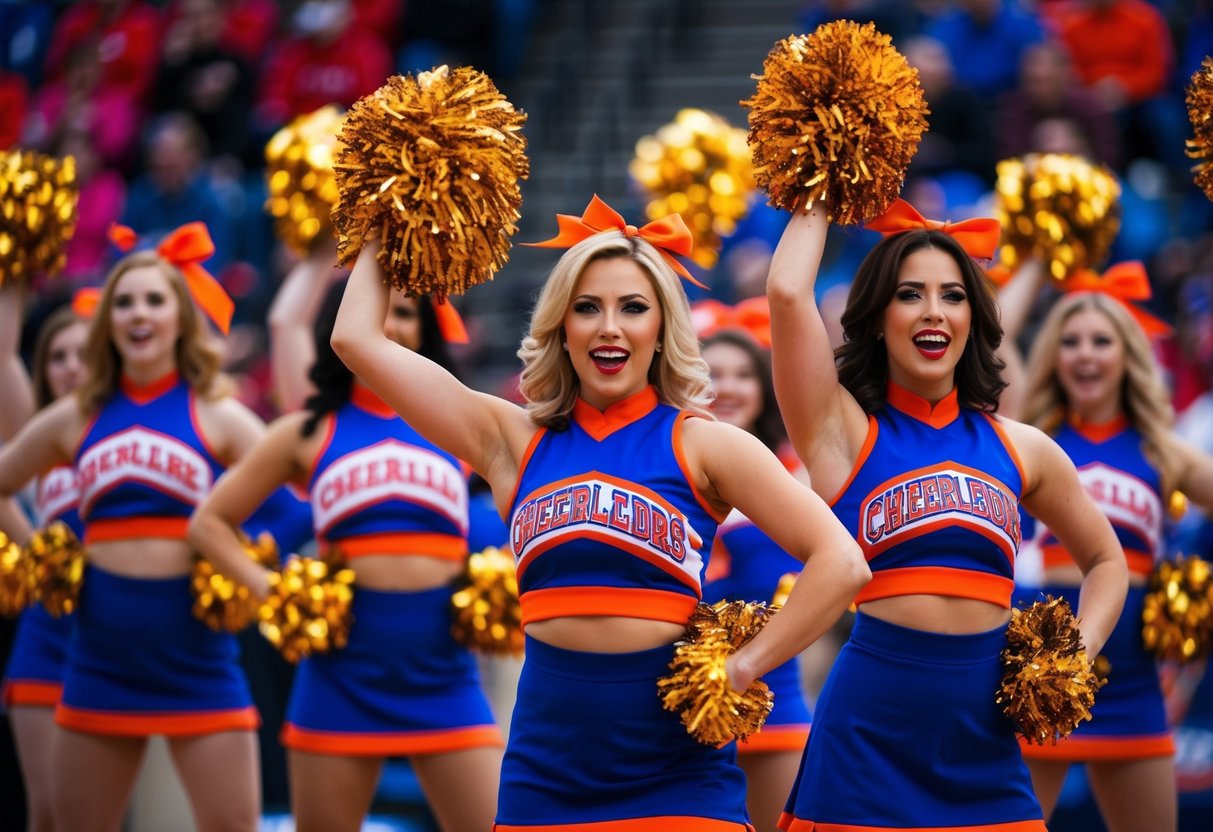 A group of cheerleaders in vibrant, retro-inspired uniforms perform energetic routines at a pep rally, exuding confidence and enthusiasm