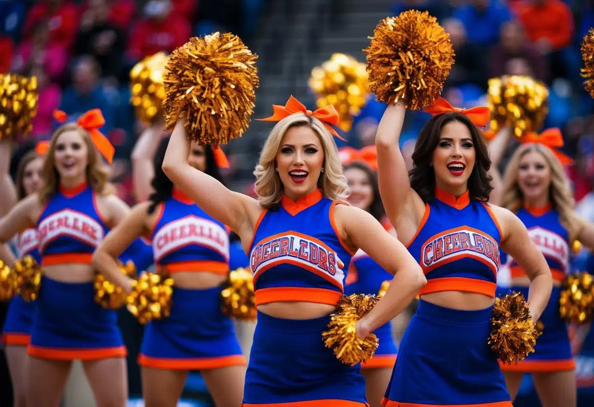 A group of cheerleaders in vibrant, retro-inspired uniforms perform energetic routines at a pep rally, exuding confidence and enthusiasm