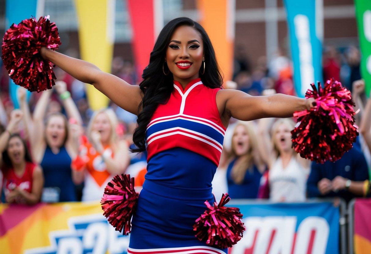 A cheerleader in a vibrant, eye-catching uniform, striking a confident pose with pom-poms in hand, surrounded by cheering fans and colorful banners