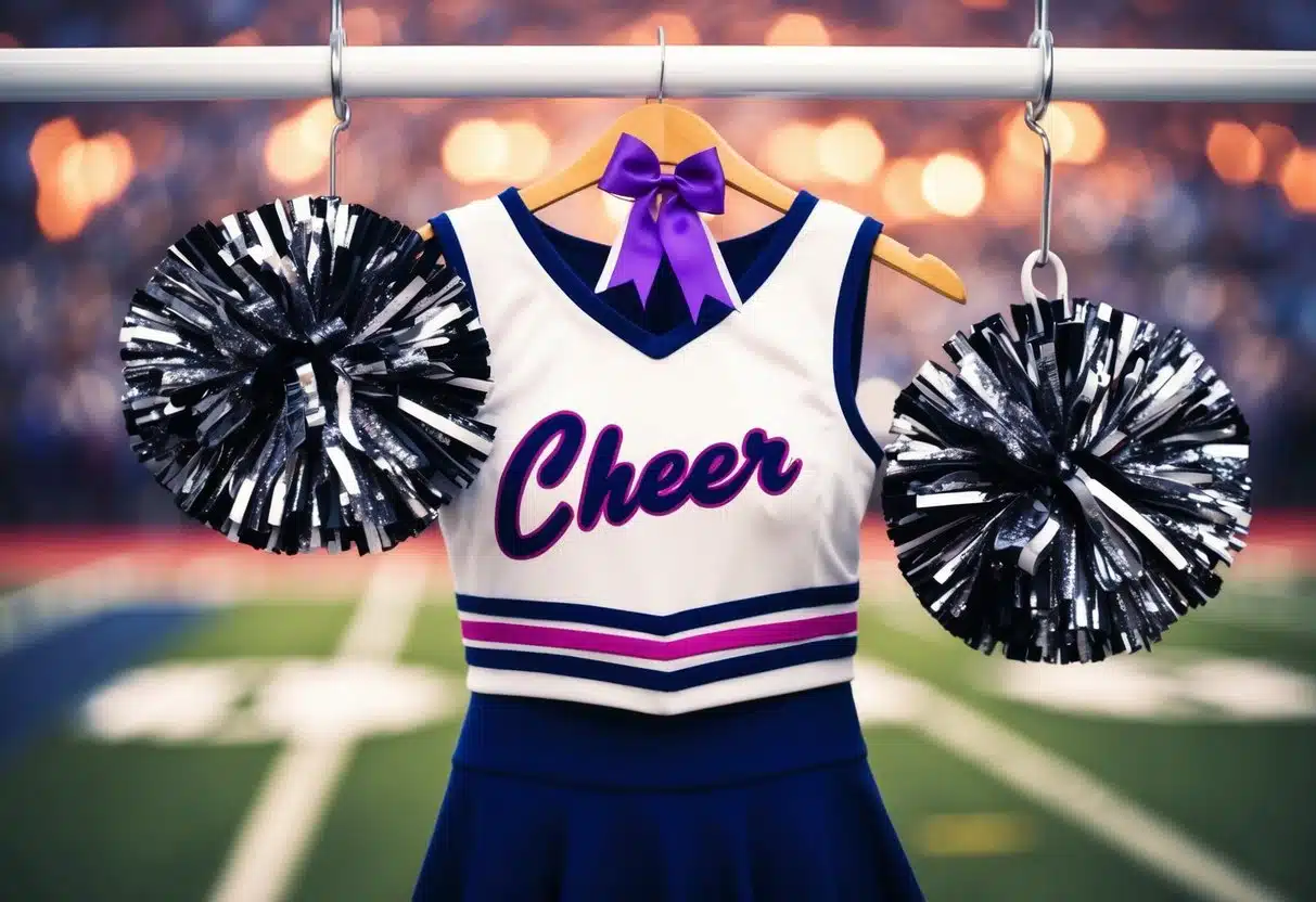 A cheerleader's uniform with pom-poms, megaphone, and hair bow on a hanger
