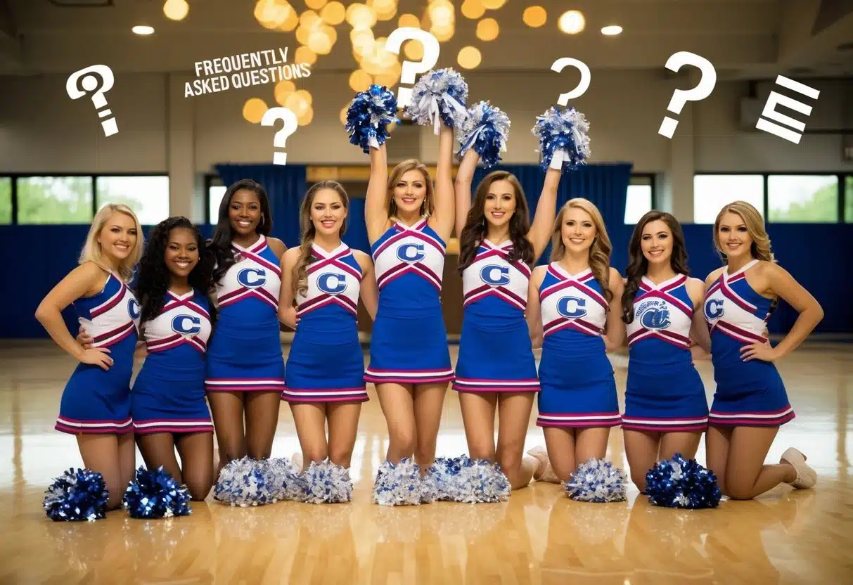 A group of cheerleaders in dress to impress theme, surrounded by frequently asked questions symbols