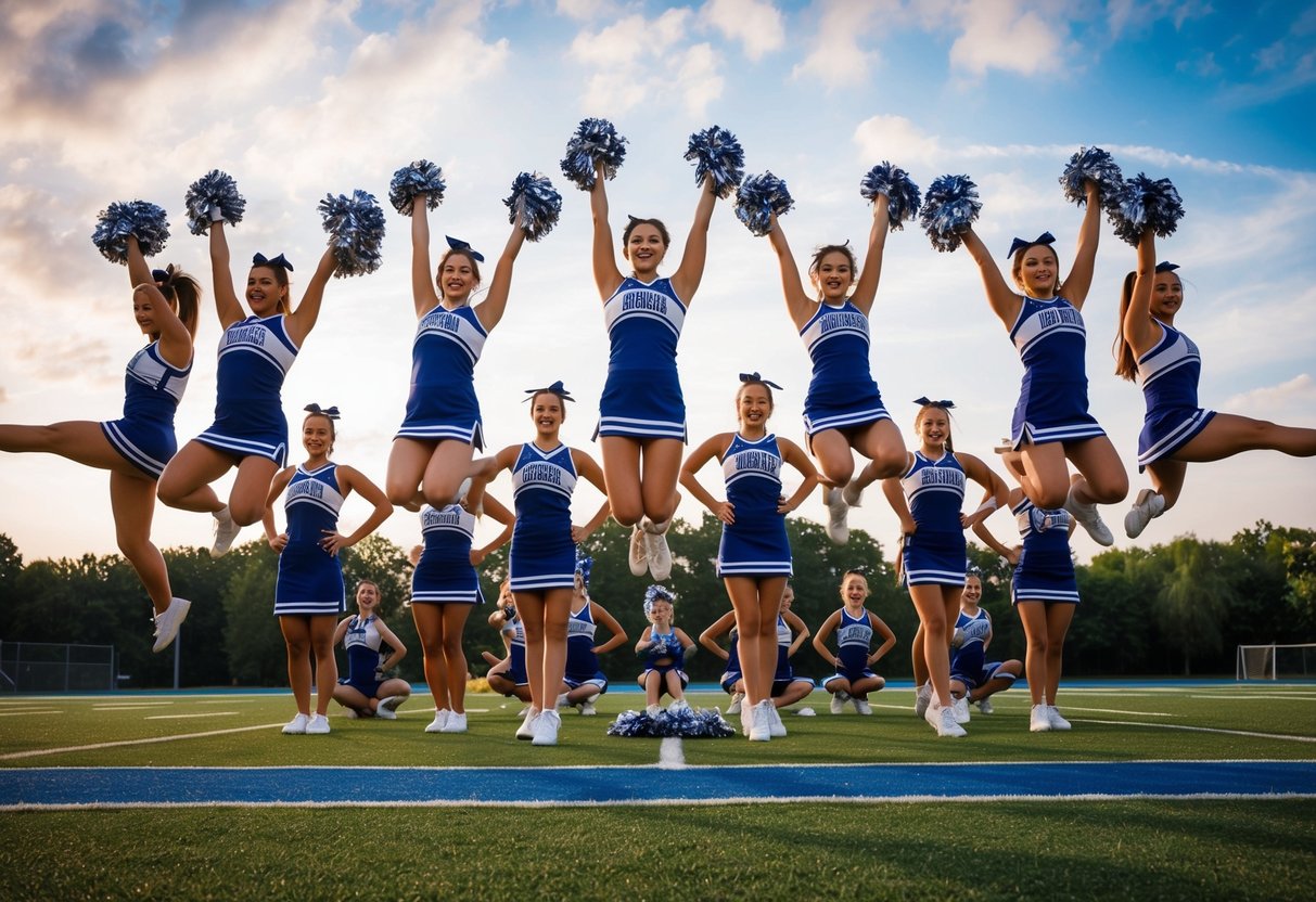 A group of cheerleading poses, including jumps, kicks, and formations, with high energy and dynamic movement