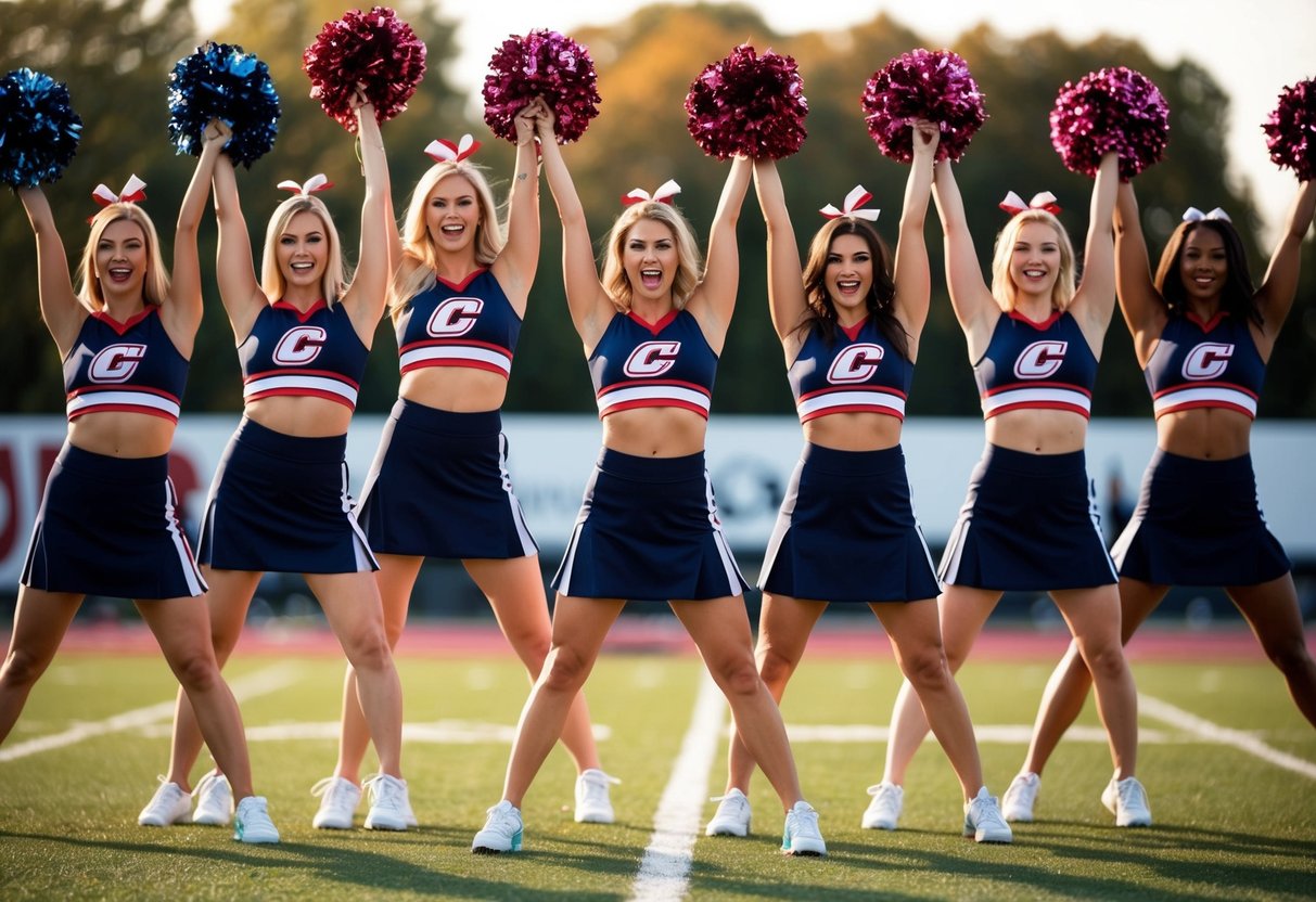 A group of seven cheerleaders striking various energetic and dynamic poses, exuding confidence and team spirit