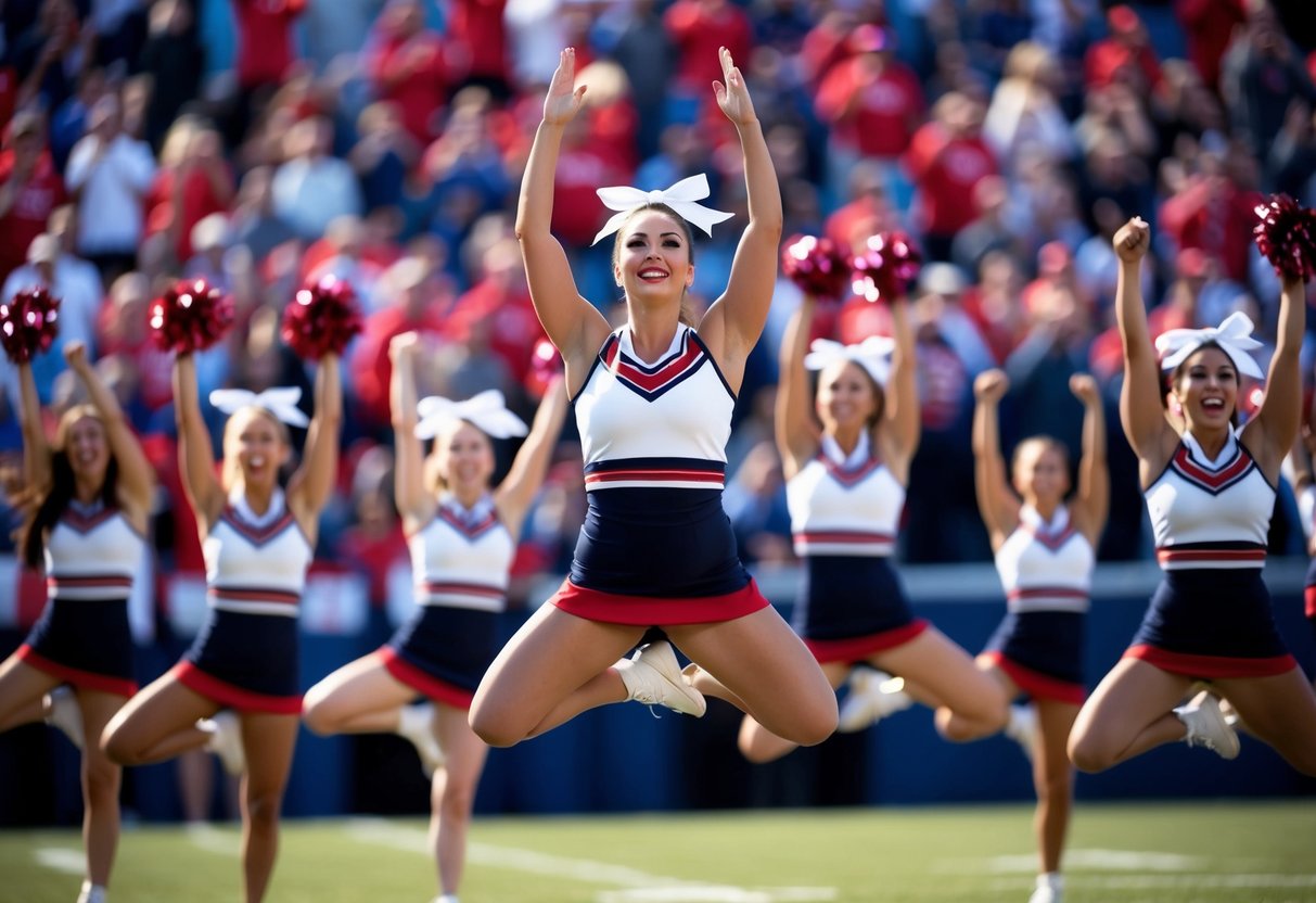 A group of cheerleaders in uniform performing synchronized toe touch jumps in front of a cheering crowd