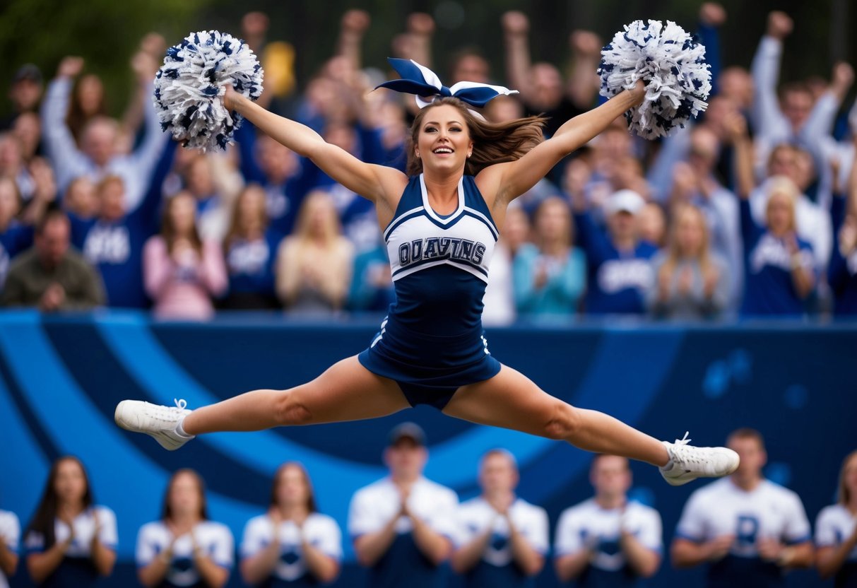 A cheerleader mid-air, executing a pike jump with arms extended and legs straight, in front of a backdrop of cheering fans