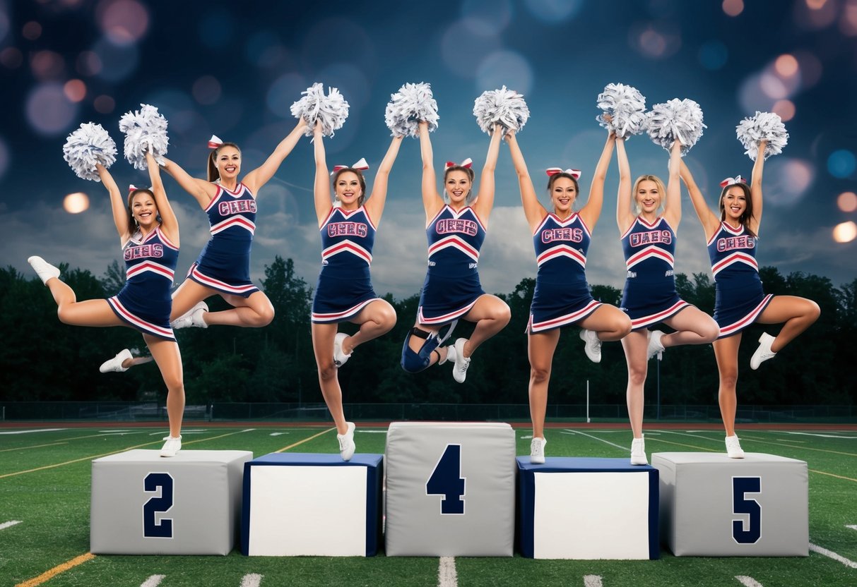 Seven dynamic cheerleading poses with jumps, kicks, and formations