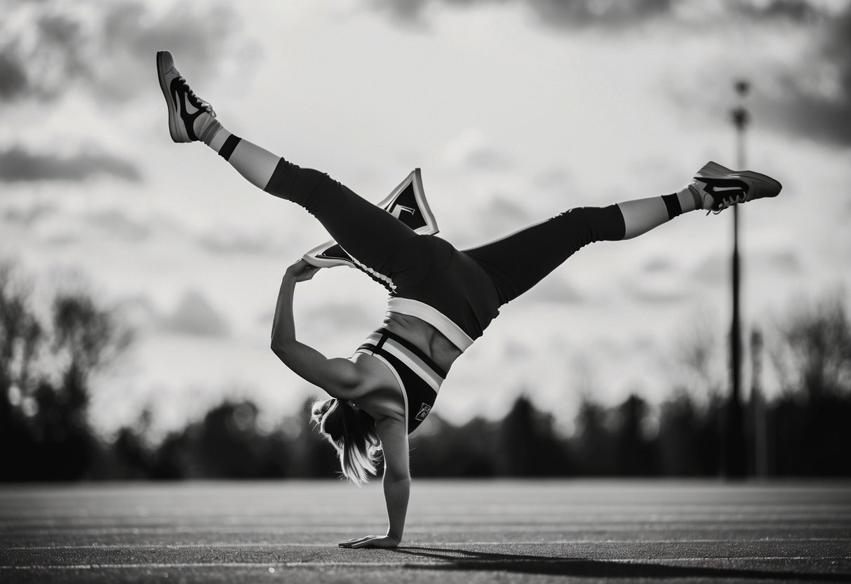 A cheerleader performs the Scorpion Pose, balancing on one leg with the other leg lifted behind, arms extended and body arched