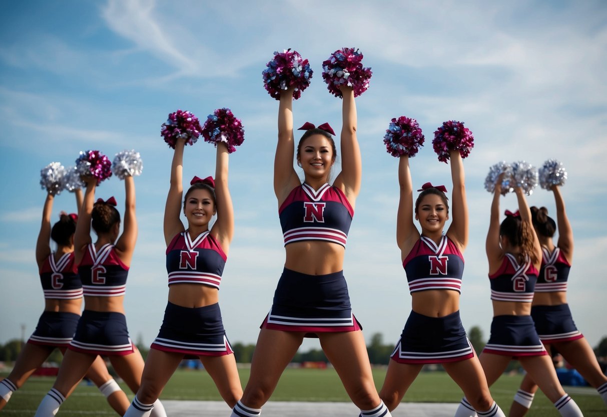 A group of cheerleading poses with intricate arabesque formations