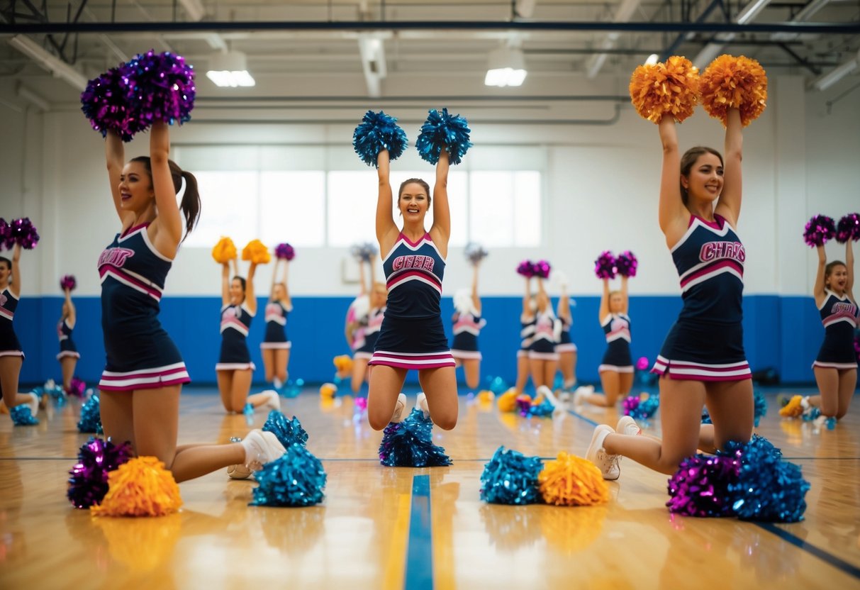 A group of cheerleading poses being practiced on a springy gym floor, with bright, colorful pom-poms scattered around
